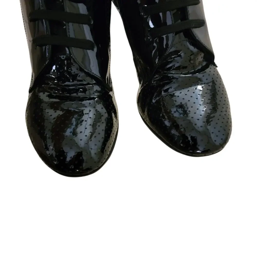 Chanel Ankle Boots Vintage Patent Leather Black Logo CC Lace-Up Heels IT 37.5 7
